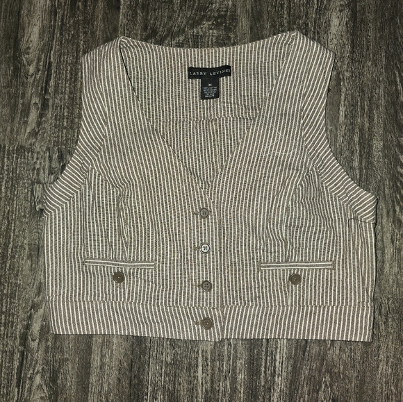 Larry Levine Women Brown Railroad Stripe Crop Vest M - Picture 2 of 5